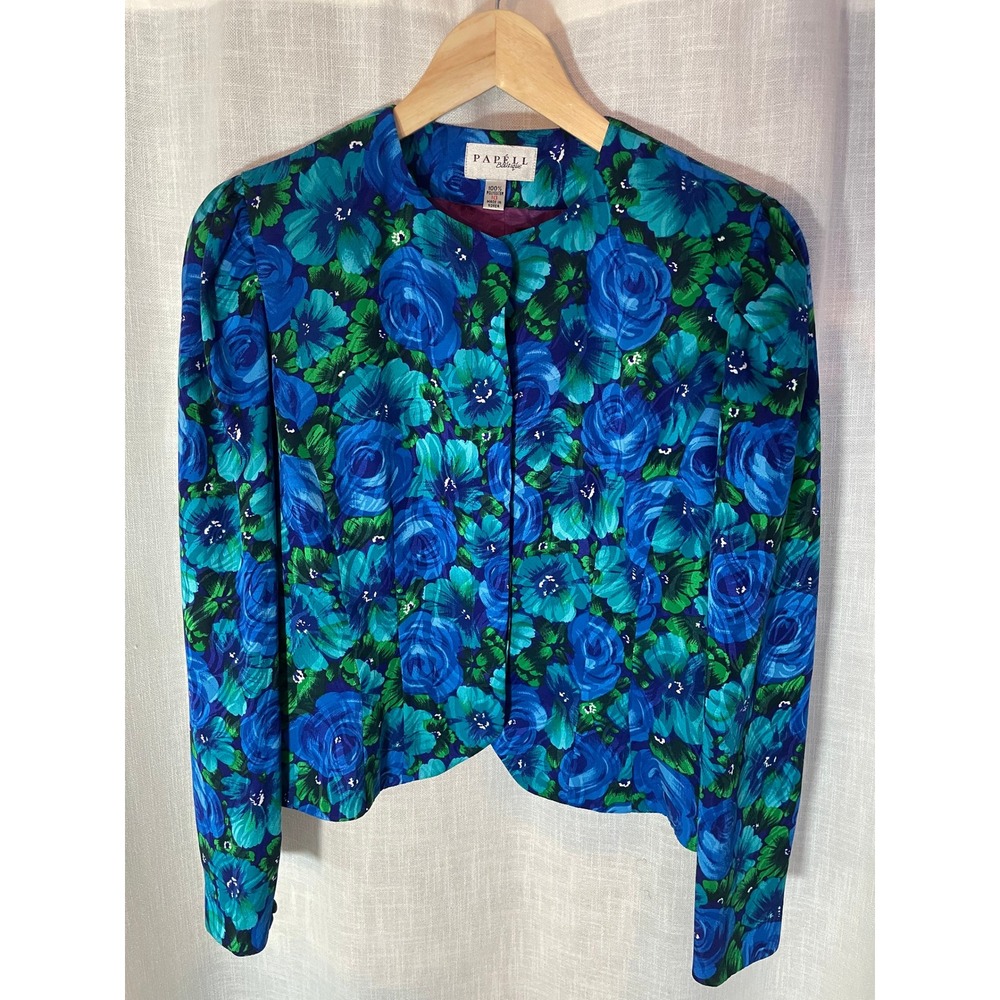 Vintage Papell Boutique 1980s Floral‎ Print Jacket Top Size 10 Blue Green EUC